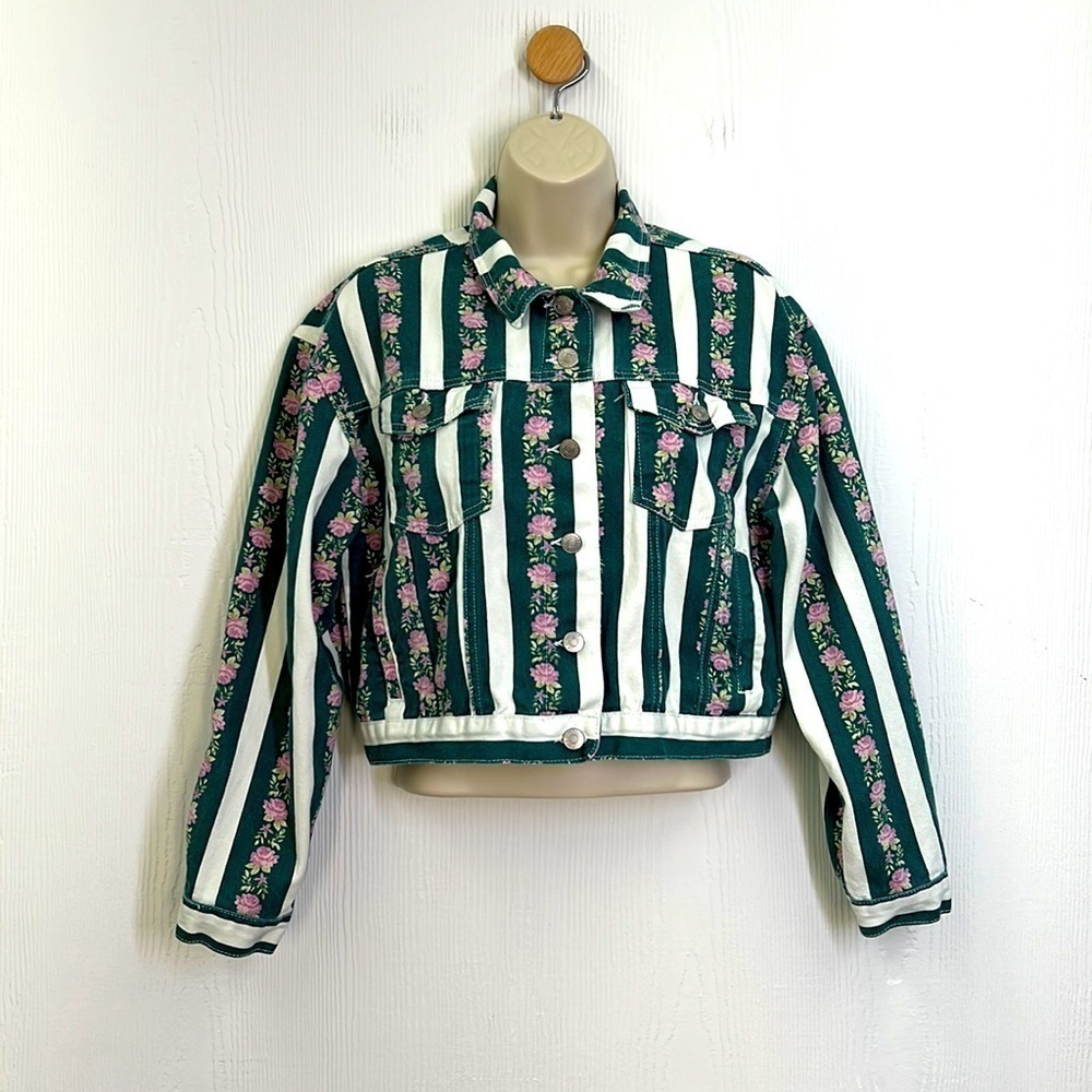 Forever 21 - Vintage Retro Stripe Floral Denim Crop Jacket Size Small